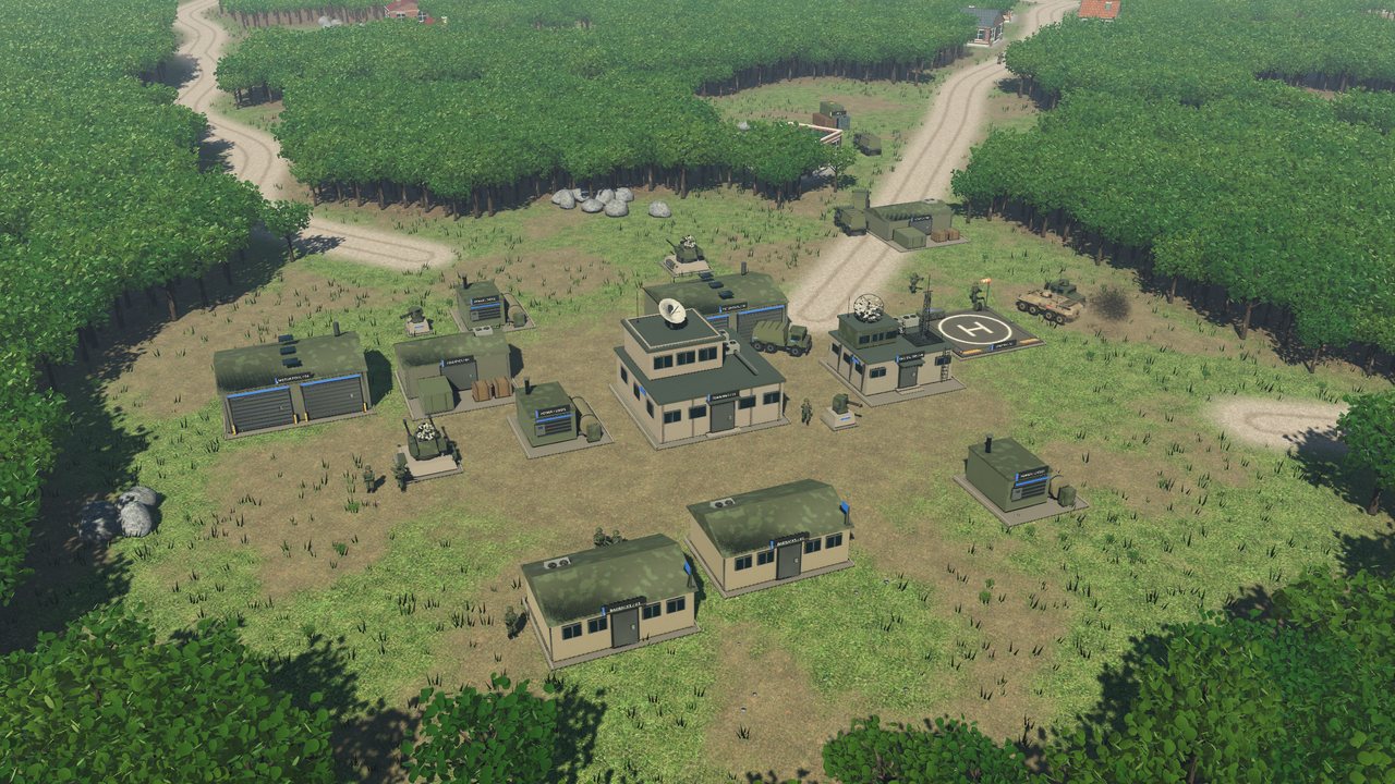 A Task Force base of camouflaged halls, a command post and helipad in a forest clearing.