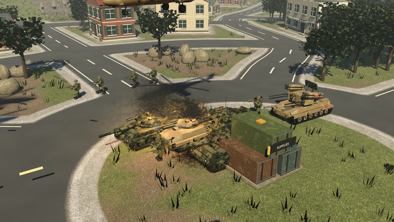 Smoke rises from tanks locked in close combat beside a supply cache, an anti-aircraft vehicle covering them.