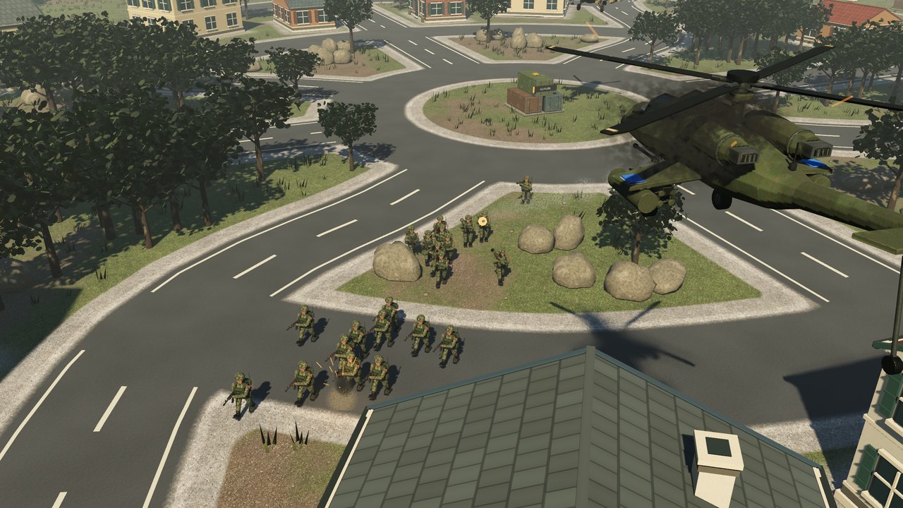An attack helicopter sweeps low over an infantry squad crossing a town junction.