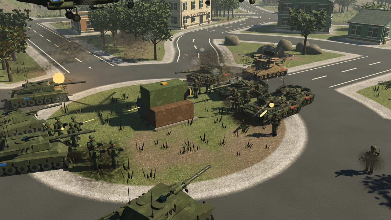 Tanks and infantry trade fire across a roundabout, muzzle flashes lighting the grass.