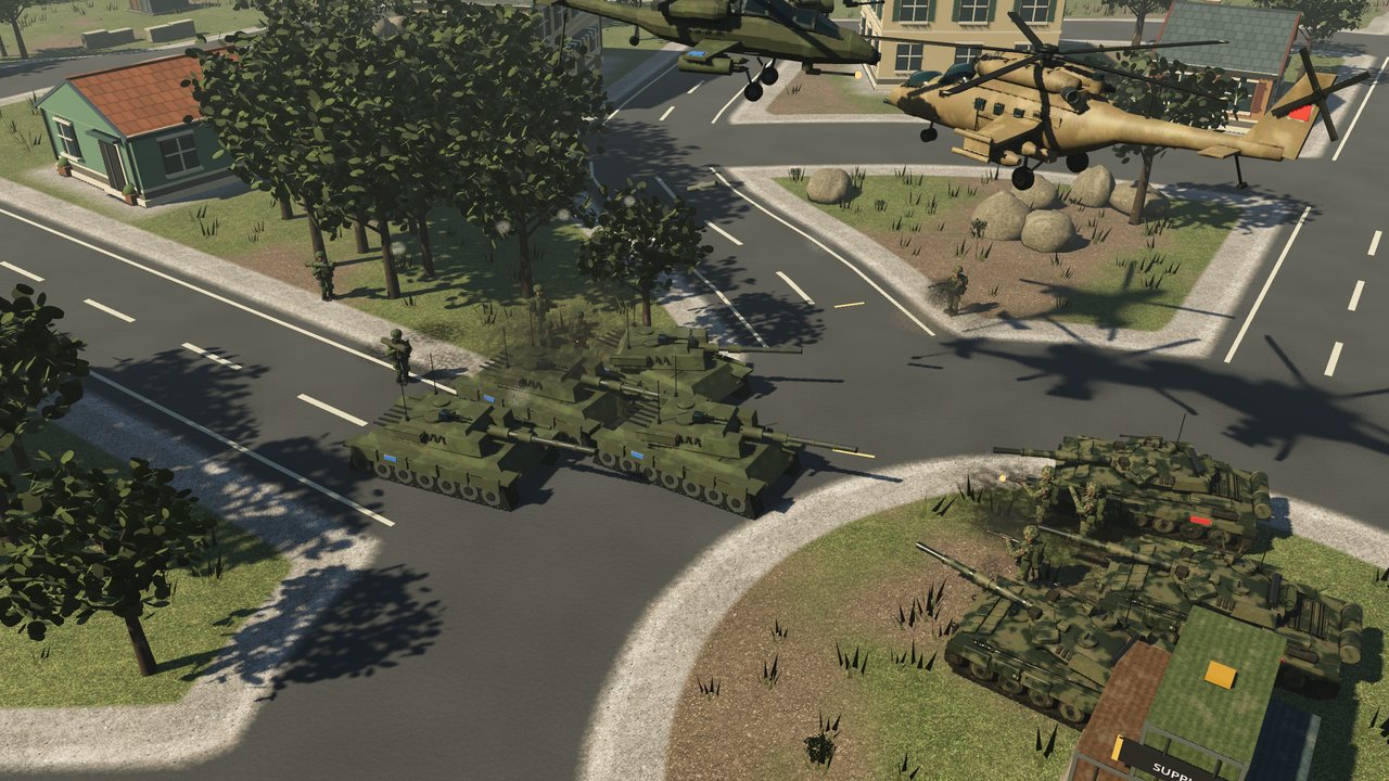 Task Force tanks and an attack helicopter clash with OPFOR tanks and a gunship at a town roundabout.