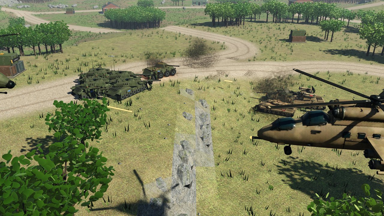 A gunship hovers by a rocky escarpment as tanks fight on the grassland beyond.