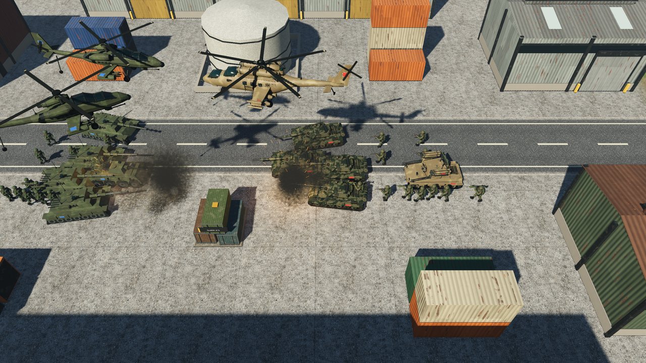 Helicopters and tank columns fight along an avenue between shipping containers and storage tanks.