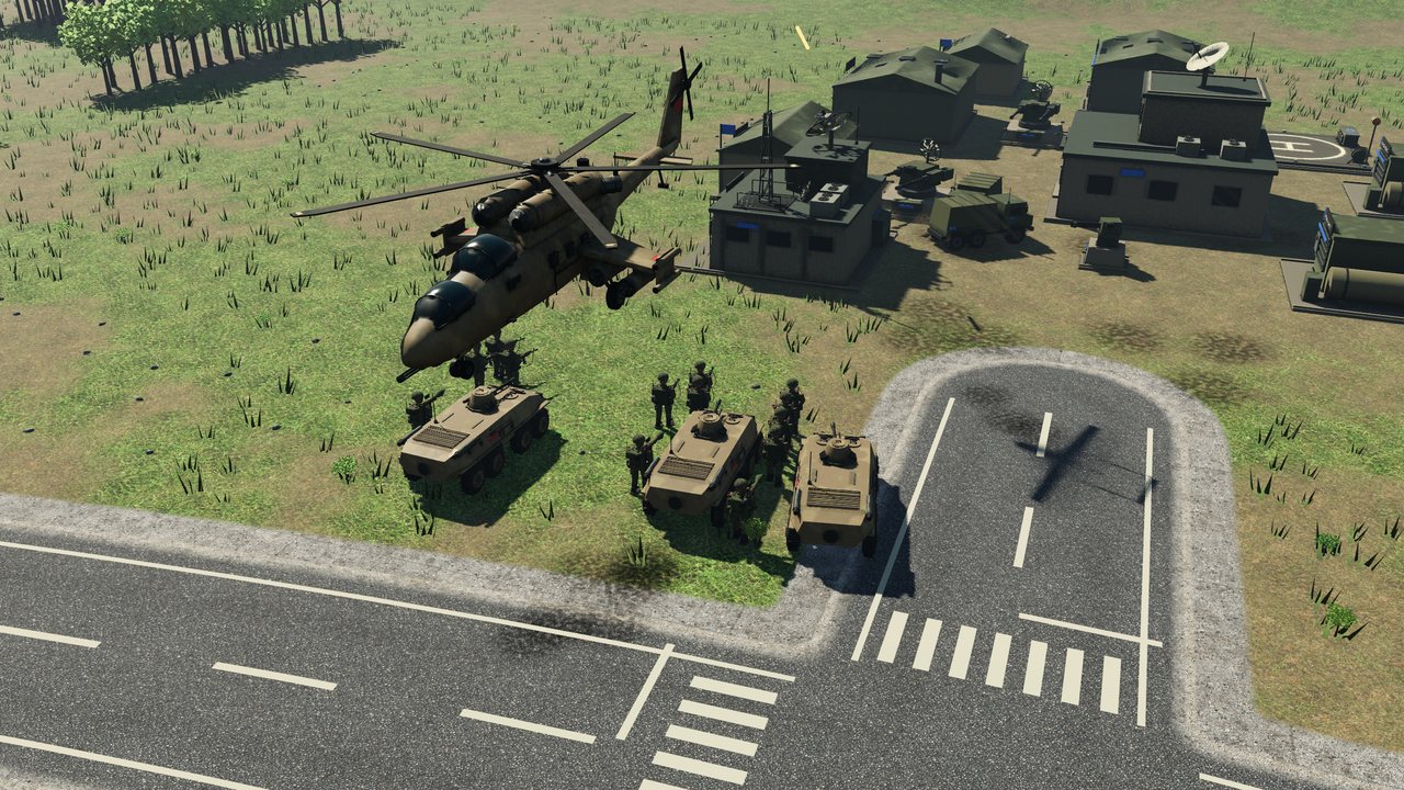 An OPFOR gunship and armoured carriers assault a Task Force base.