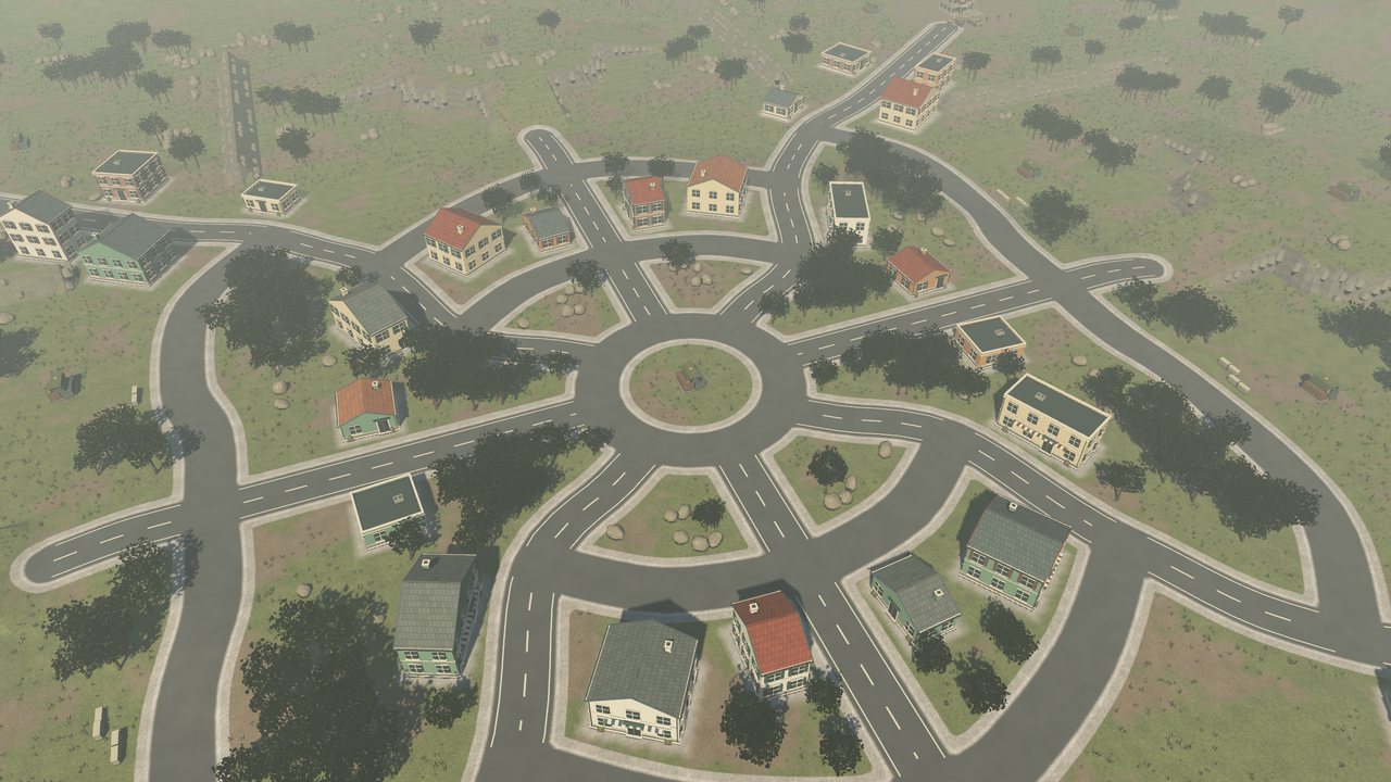 Overhead view of Crossroads, a town of winding roads around a central roundabout.