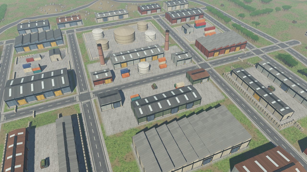 Overhead view of Ironworks, works halls, storage tanks and a grid of avenues.