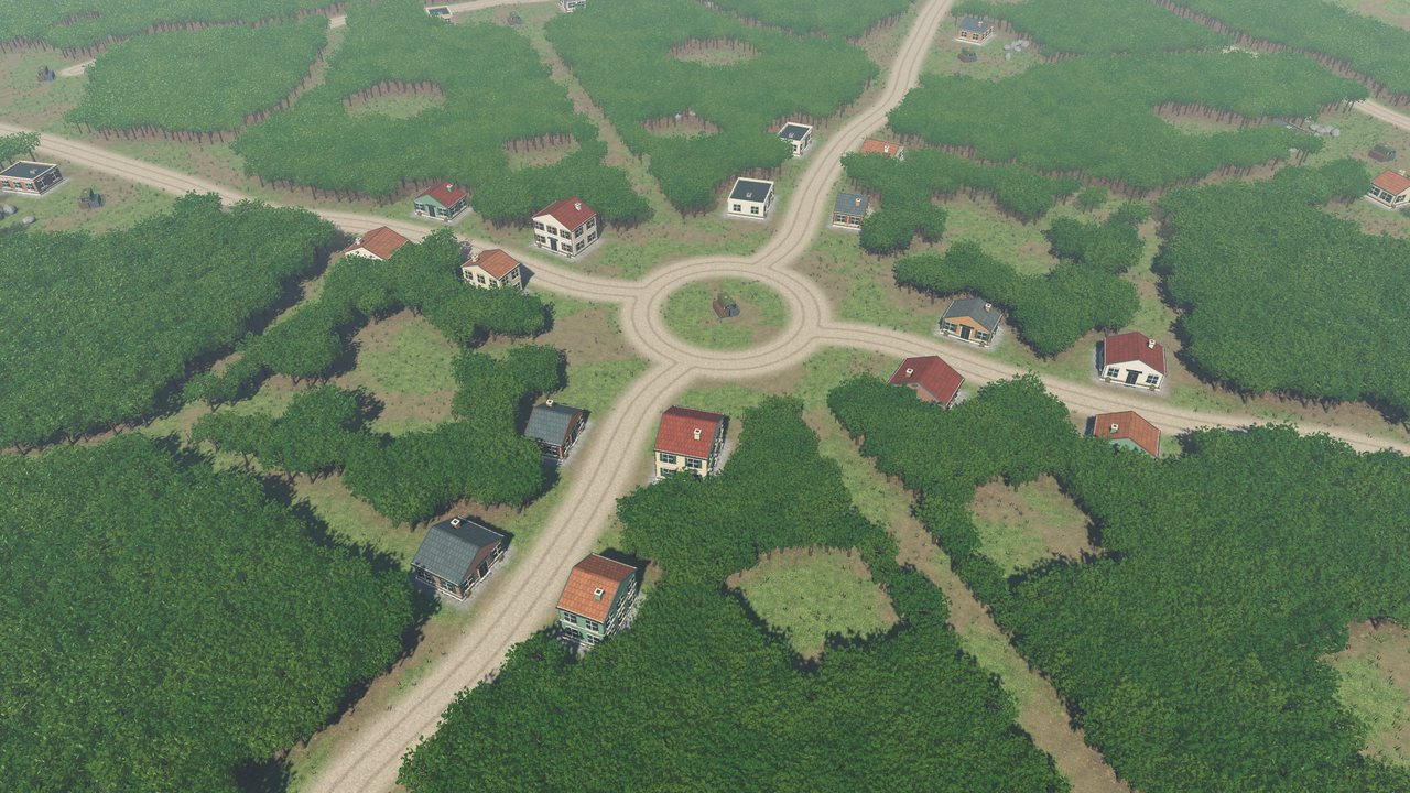 Overhead view of Timberland, dense forest cut by gravel tracks around a hamlet.