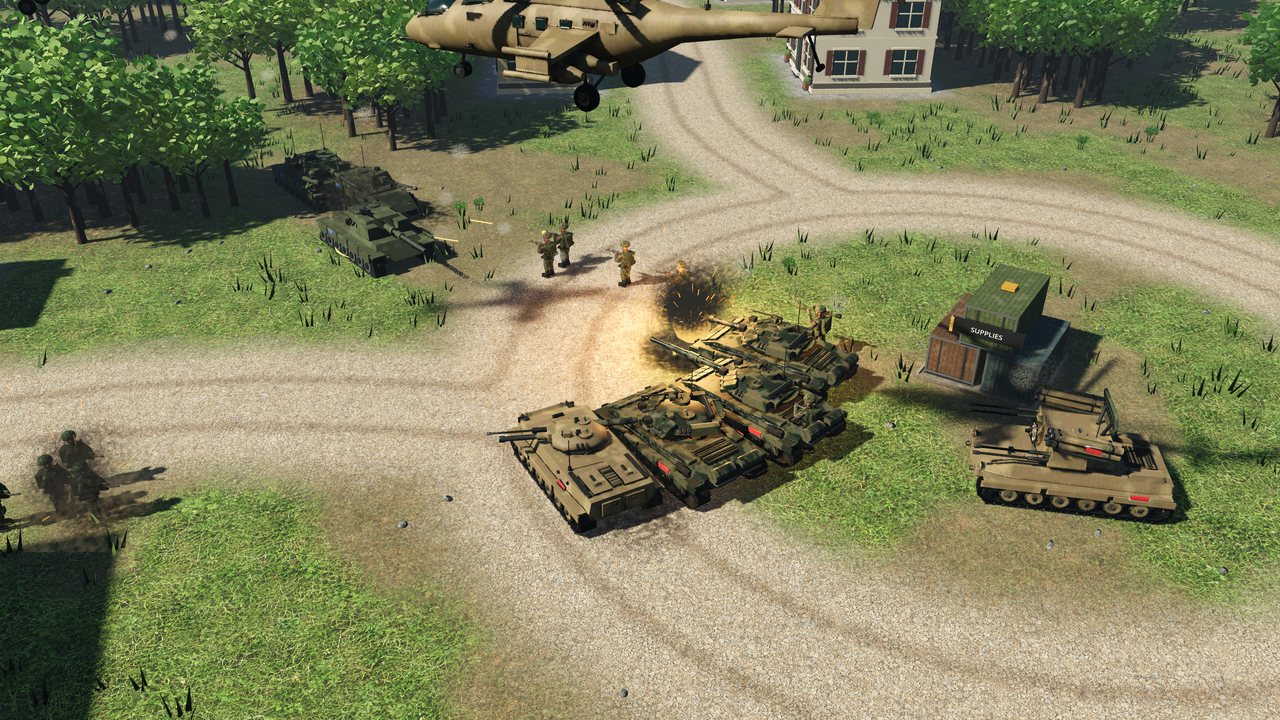 A shell bursts among desert-camouflaged tanks on a forest track as a gunship passes overhead.