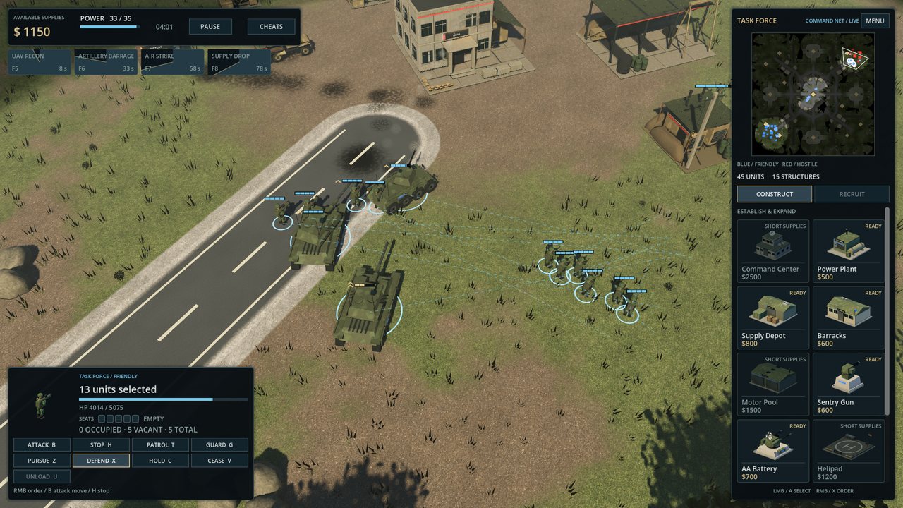 The game's interface: a selected group of tanks and infantry, minimap, build menu and command buttons.