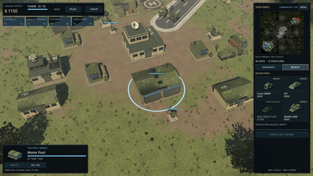 The game's interface showing a Motor Pool selected and its recruit panel.